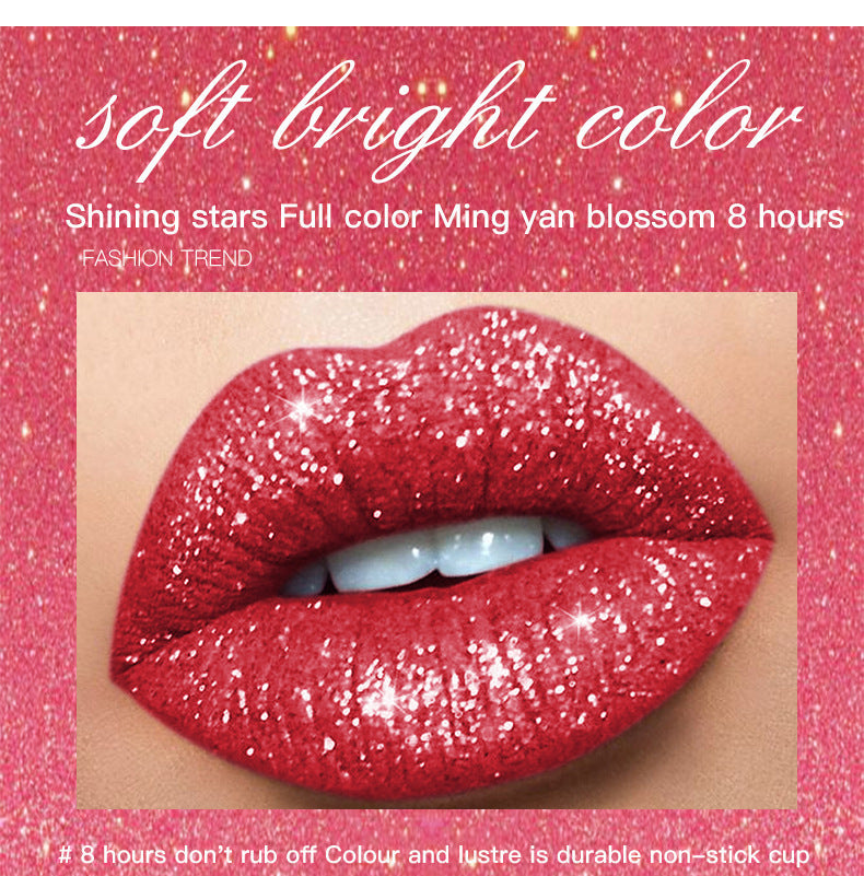 Pudaier Sip Glitter Flip Mat Shimmer Lip Gloss Aucune Tache Sur Tasse Diamant Rouge À Lèvres